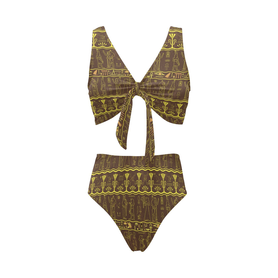 Egypt Hieroglyphics Pattern Print Design 03 Chest Bowknot High Waisted Bikini Swimsuit