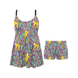 Cute yellow monkey leaves pattern Chest Sexy Pleated Two Piece Swim Dress
