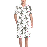 Boston terrier dog hearts vector pattern Men's V-Neck Short Pajama Set