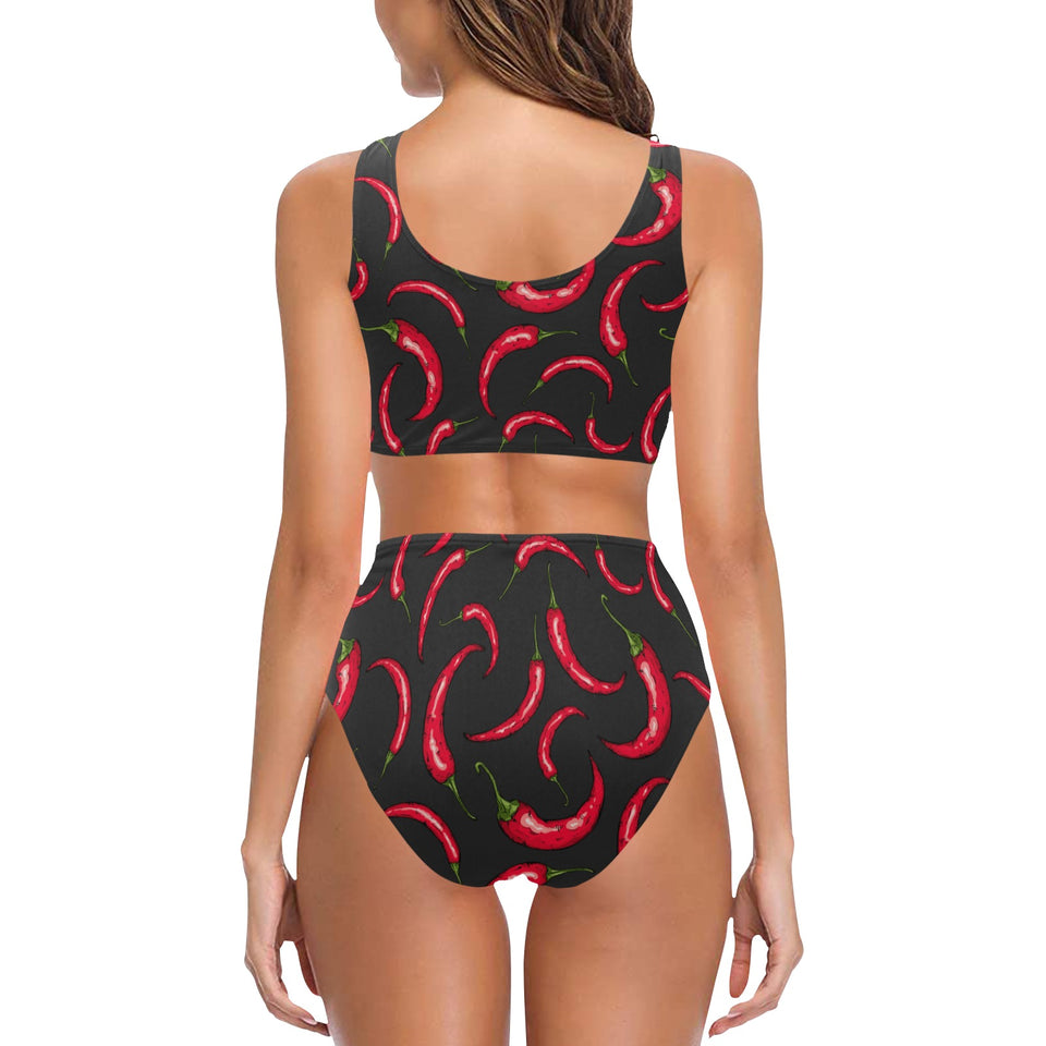 Chili peppers pattern black background Chest Bowknot High Waisted Bikini Swimsuit