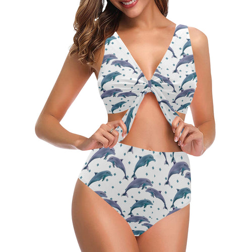 Dolphins pattern dotted background Chest Bowknot High Waisted Bikini Swimsuit
