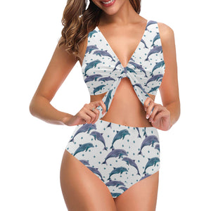Dolphins pattern dotted background Chest Bowknot High Waisted Bikini Swimsuit