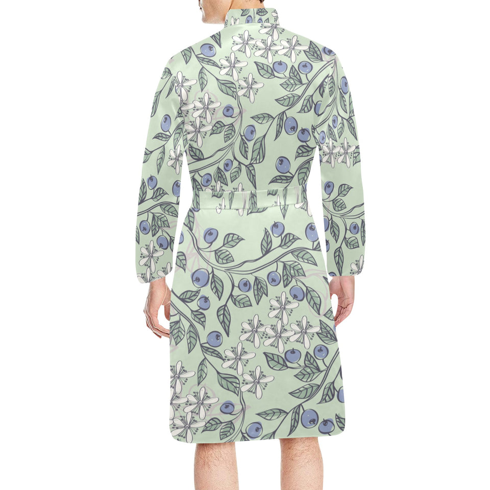 hand drawn blueberry pattern Men's Long Sleeve Belted Night Robe
