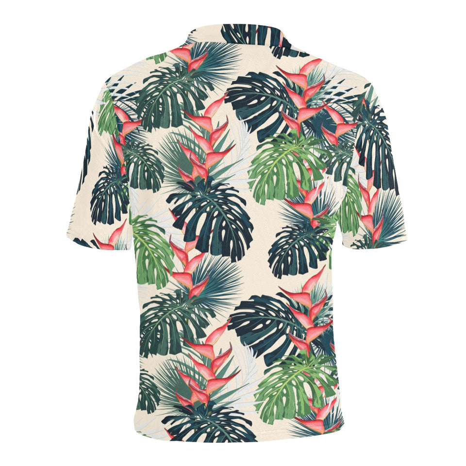 heliconia flowers, palm and monstera leaves Men's All Over Print Polo Shirt