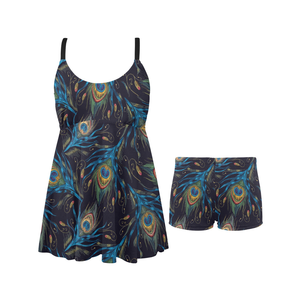 Beautiful peacock feather pattern Chest Sexy Pleated Two Piece Swim Dress