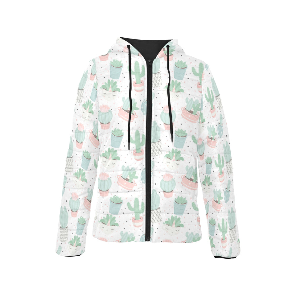 Pastel color cactus pattern Women's Padded Hooded Jacket