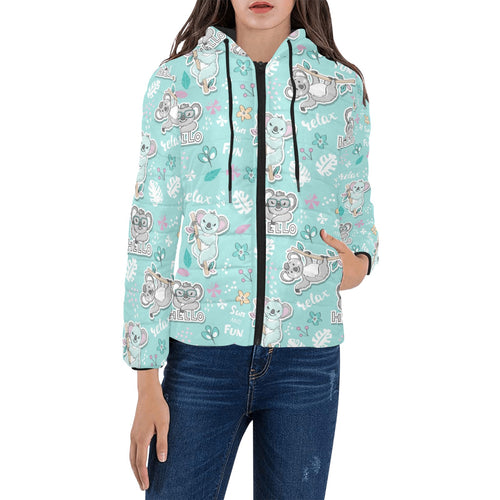 Cute koalas blue background pattern Women's Padded Hooded Jacket