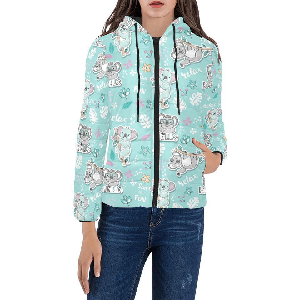 Cute koalas blue background pattern Women's Padded Hooded Jacket