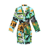 dinosaurs print pattern Women's Long Sleeve Belted Night Robe