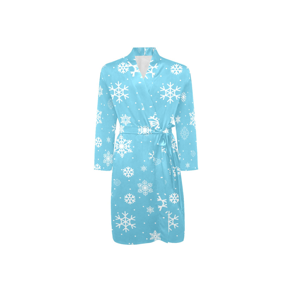 Snowflake pattern blue background Men's Long Sleeve Belted Night Robe