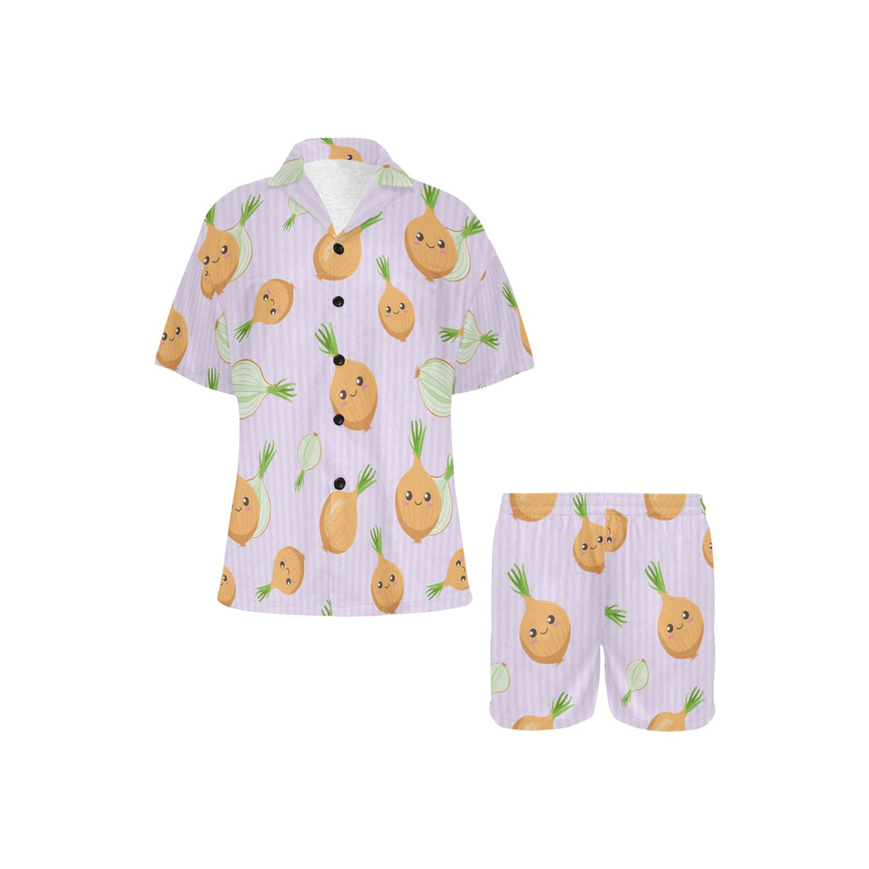 cute onions smiling faces purple background Women's V-Neck Short Pajama Set