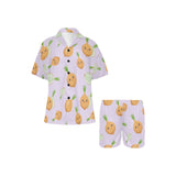 cute onions smiling faces purple background Women's V-Neck Short Pajama Set