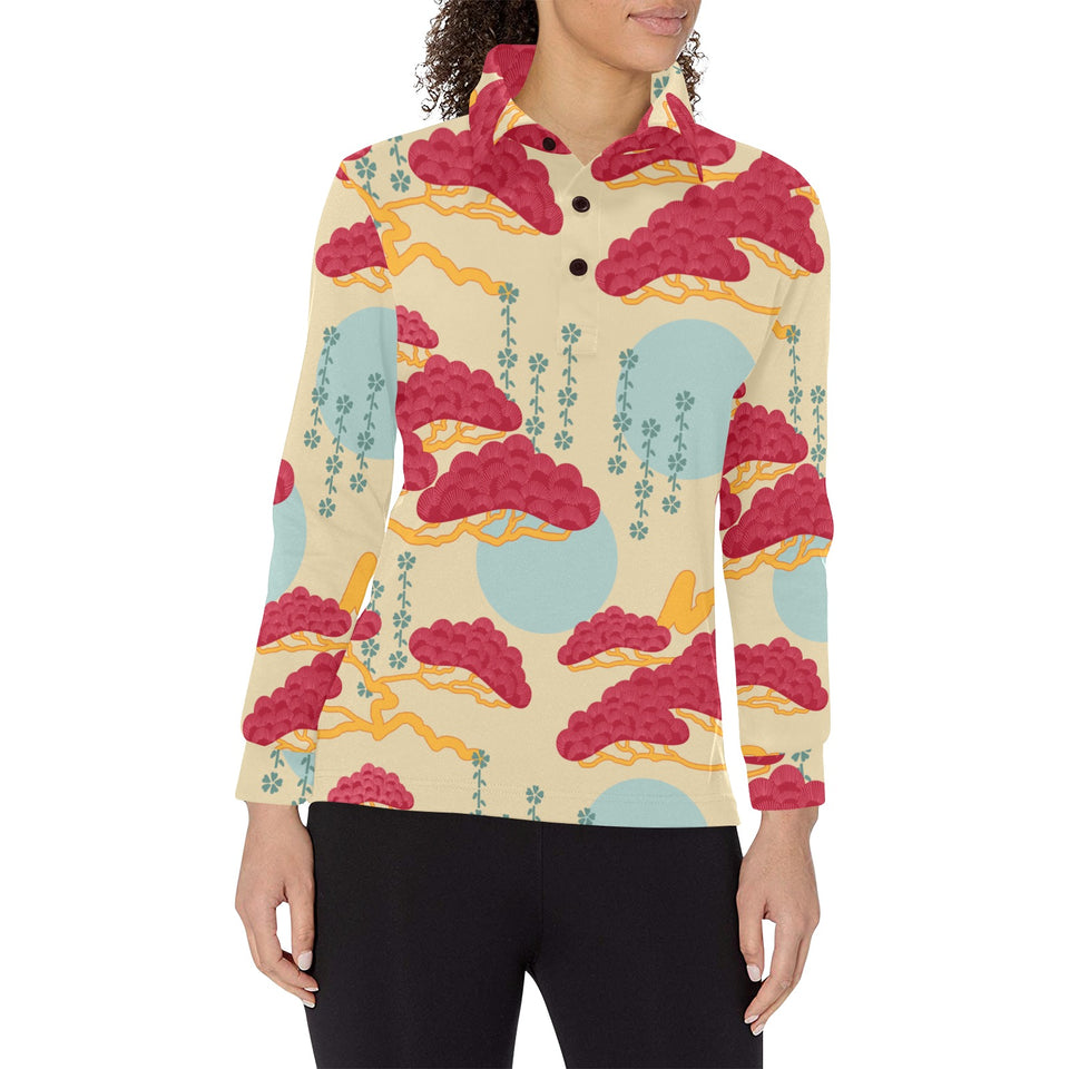 Red Bonsai gray sun japanese pattern Women's Long Sleeve Polo Shirt