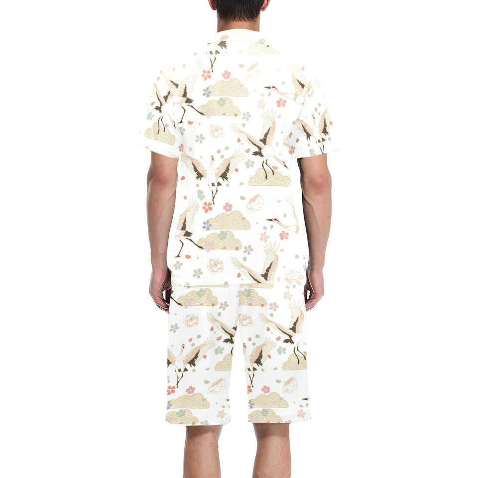 Beautiful Japanese cranes pattern Men's V-Neck Short Pajama Set