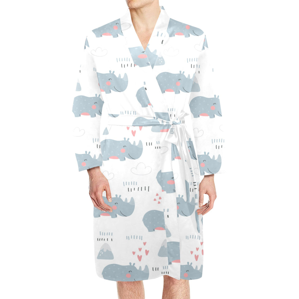 cute rhino heart pattern Men's Long Sleeve Belted Night Robe