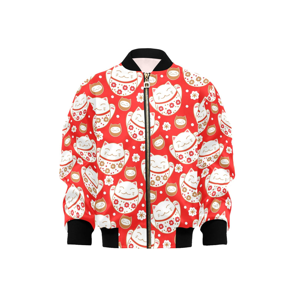 Cute Maneki neko cat red background Kids' Boys' Girls' Bomber Jacket