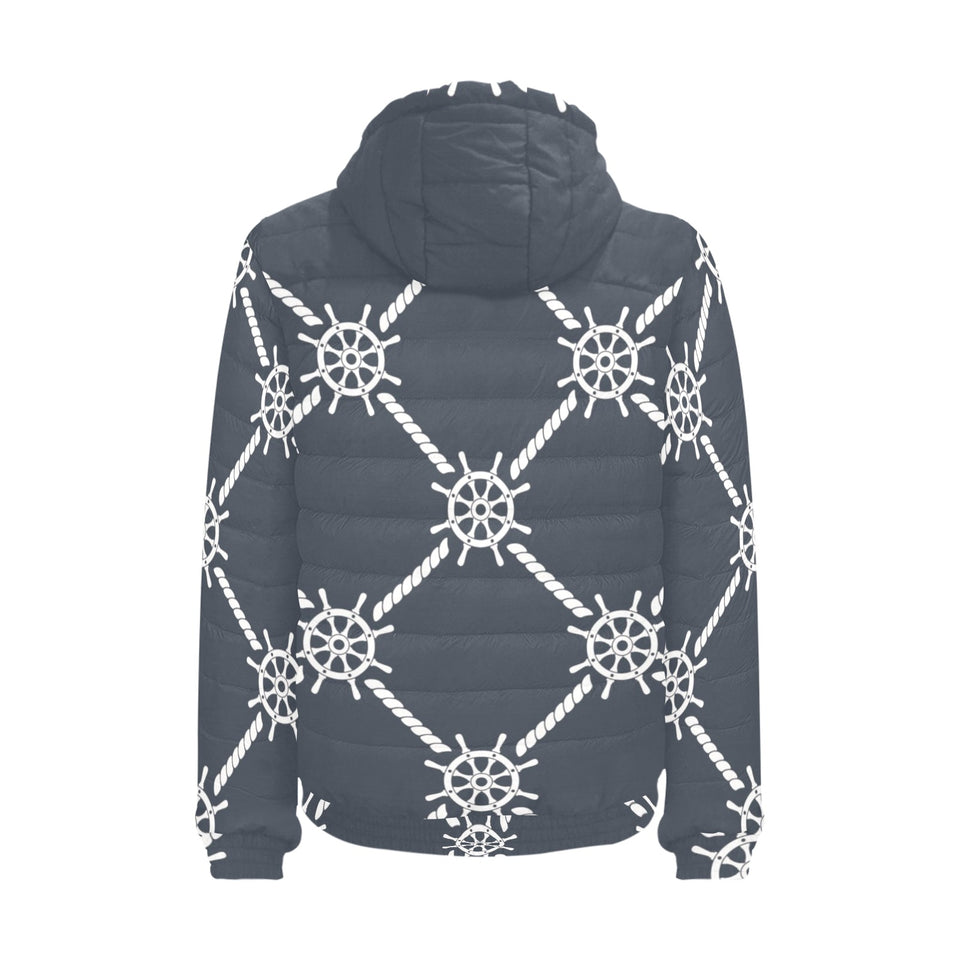 nautical steering wheel rope pattern Men's Padded Hooded Jacket