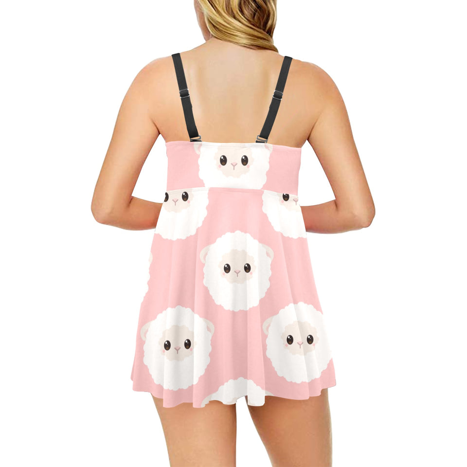 Cute sheep pattern Chest Sexy Pleated Two Piece Swim Dress
