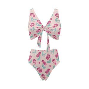 Cute little mermaid pattern Chest Bowknot High Waisted Bikini Swimsuit