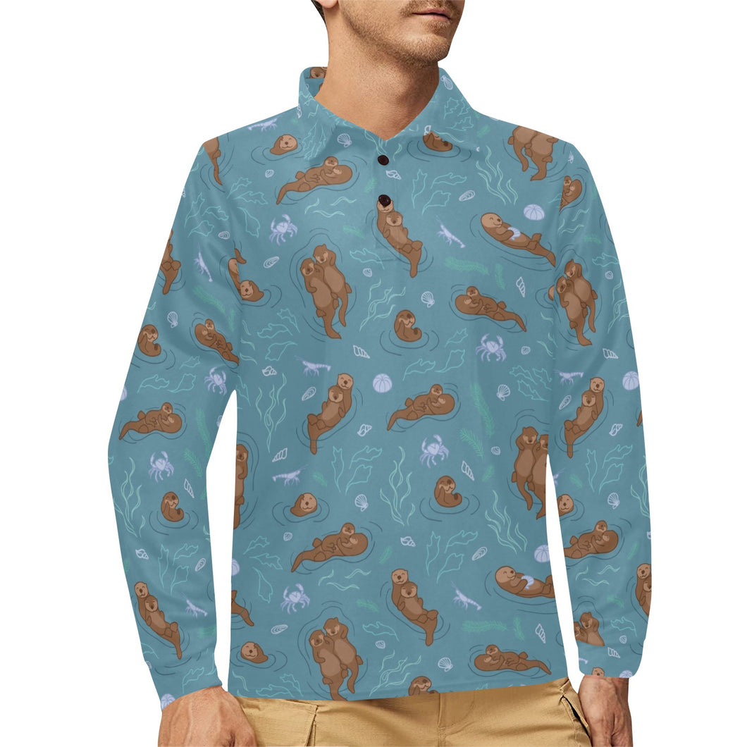 Sea otters pattern Men's Long Sleeve Polo Shirt
