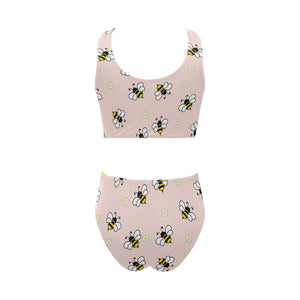 Cute bee flower pattern pink background Chest Bowknot High Waisted Bikini Swimsuit