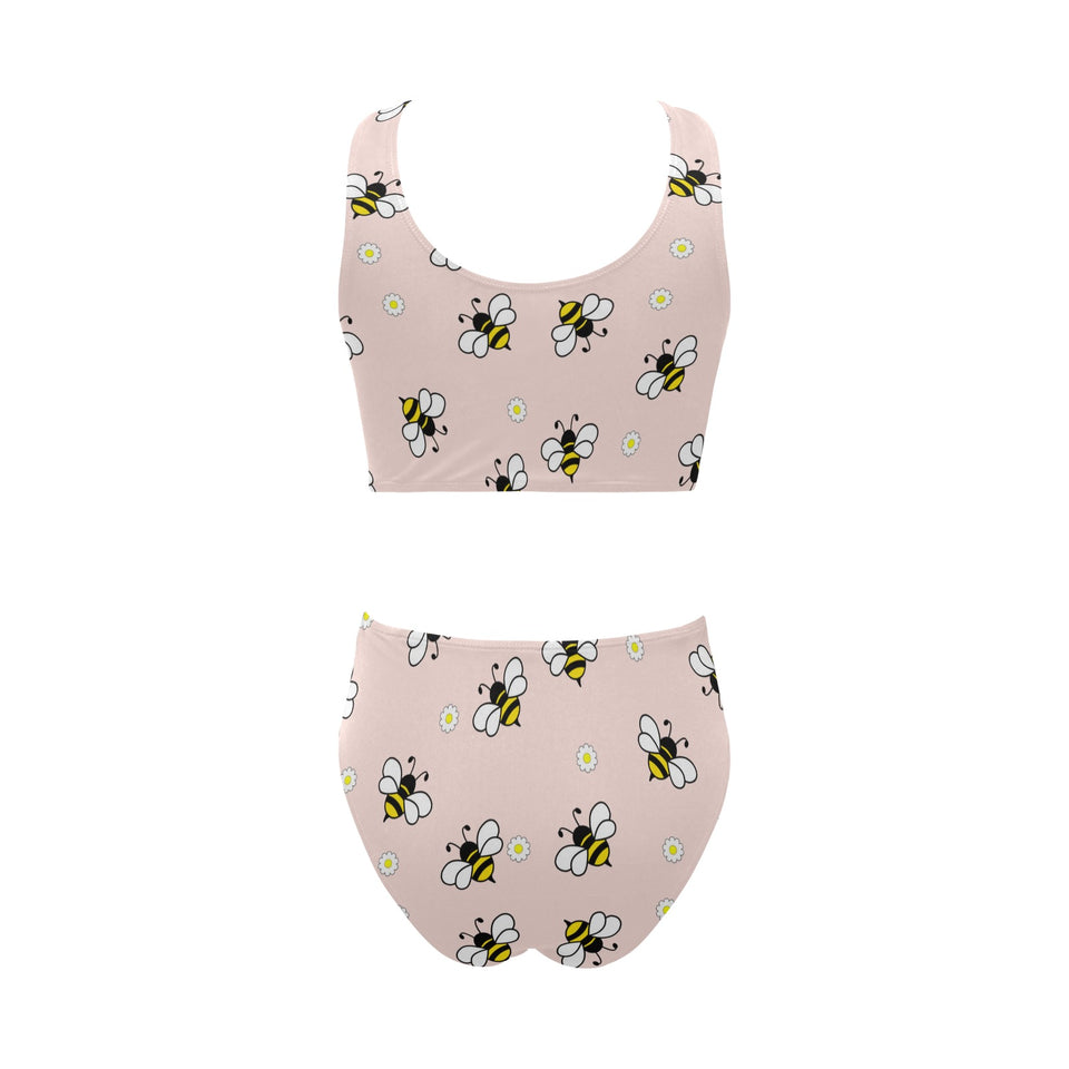 Cute bee flower pattern pink background Chest Bowknot High Waisted Bikini Swimsuit