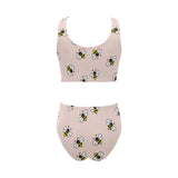 Cute bee flower pattern pink background Chest Bowknot High Waisted Bikini Swimsuit