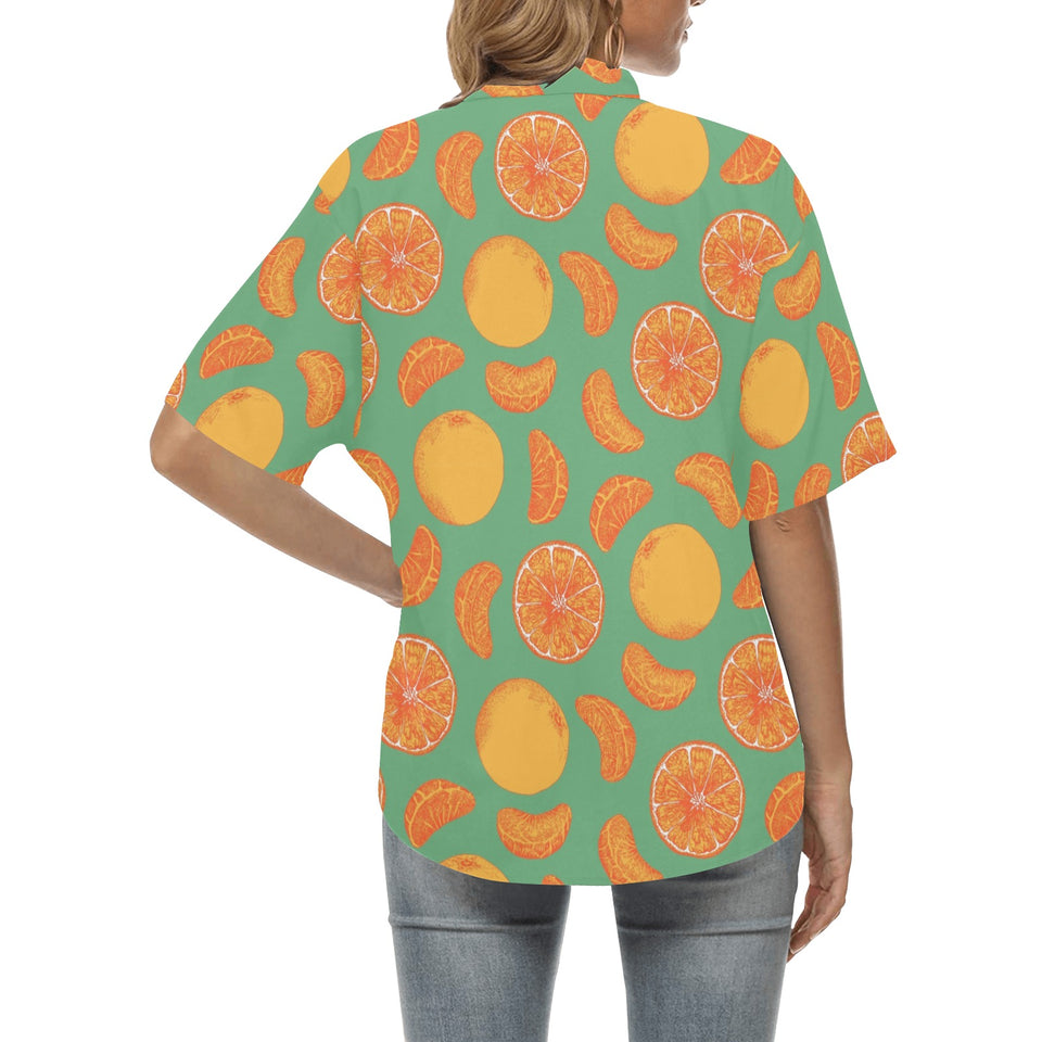 orange fruit pattern green background Women's All Over Print Hawaiian Shirt