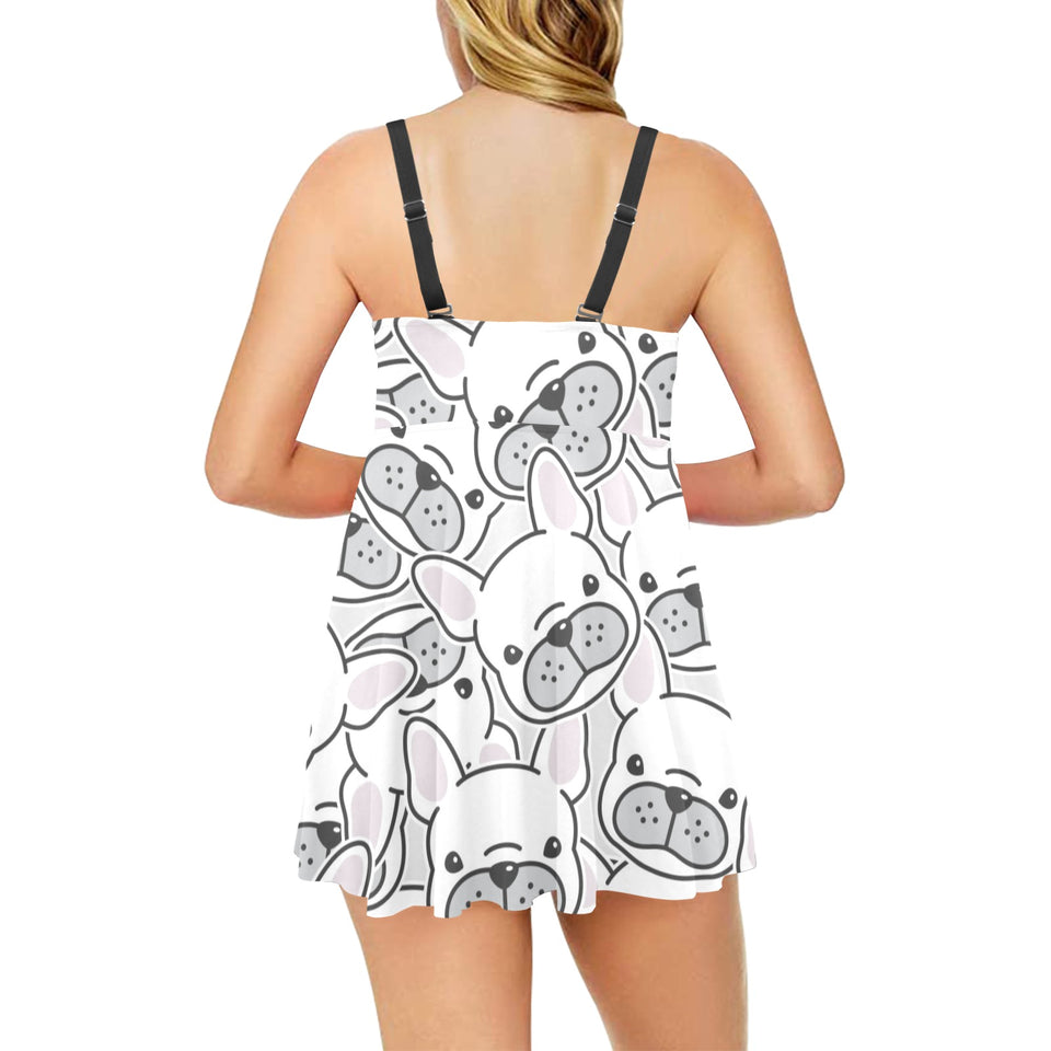 Cute french bulldog head pattern Chest Sexy Pleated Two Piece Swim Dress
