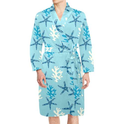Blue starfish coral reef pattern Men's Long Sleeve Belted Night Robe