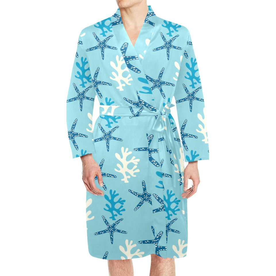 Blue starfish coral reef pattern Men's Long Sleeve Belted Night Robe