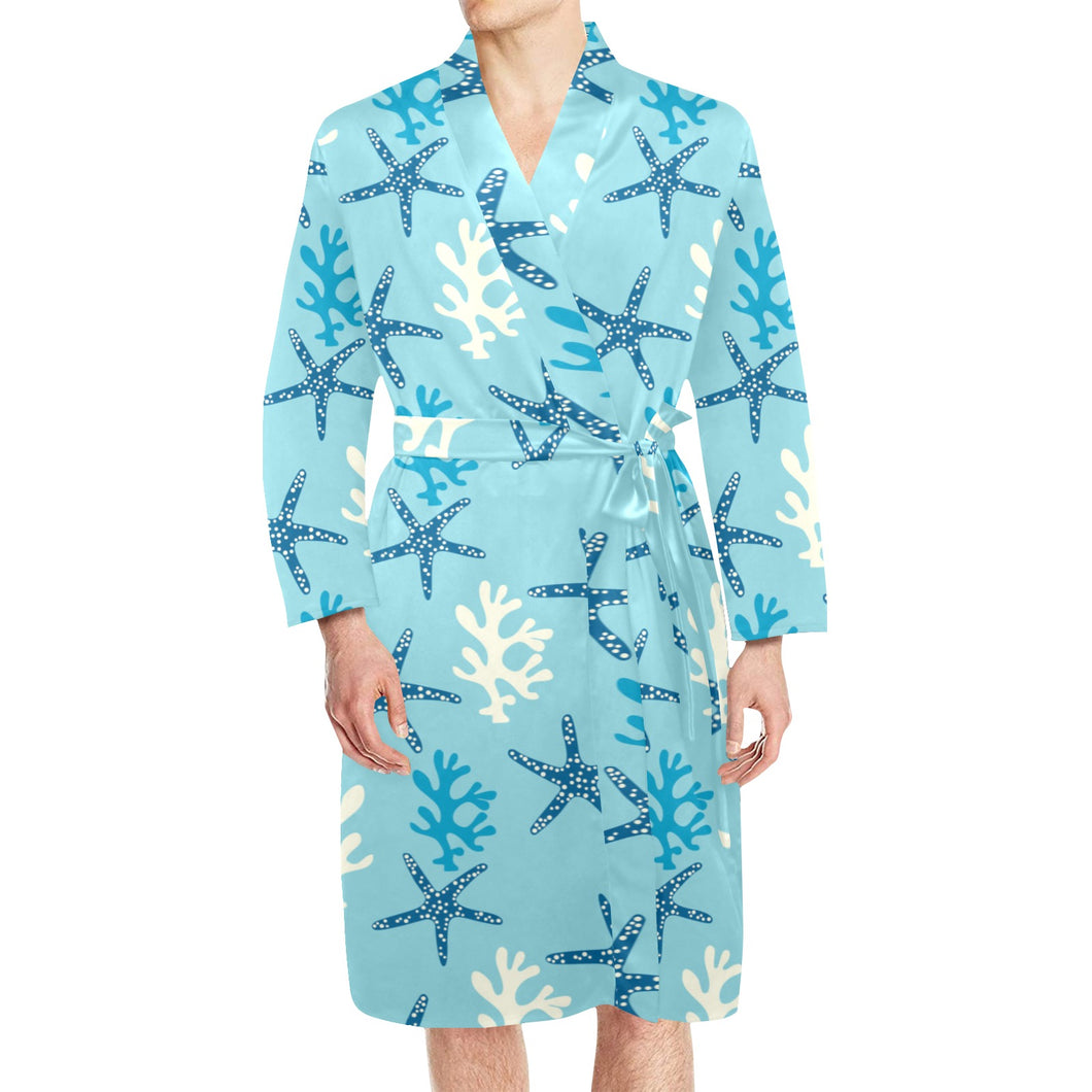 Blue starfish coral reef pattern Men's Long Sleeve Belted Night Robe