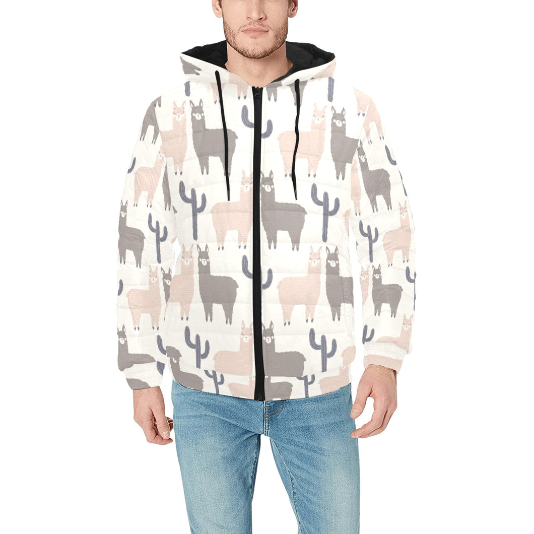 Llama Alpaca pattern Men's Padded Hooded Jacket