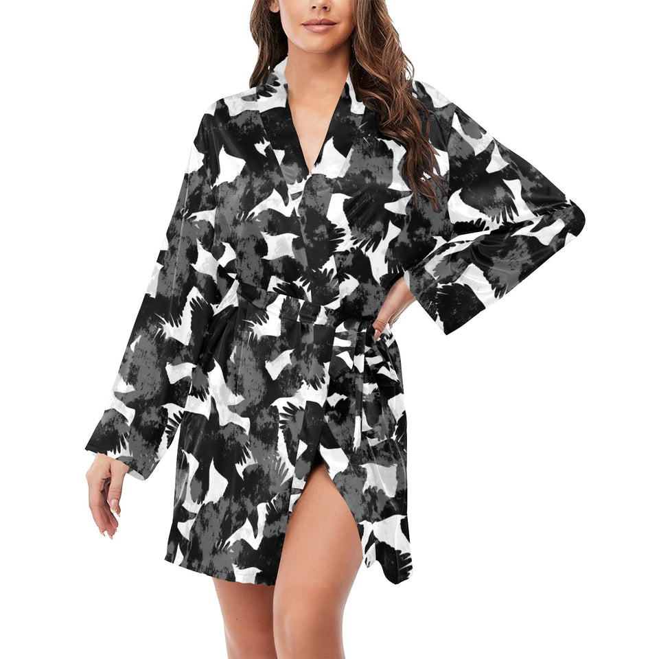 Crow illustration pattern Women's Long Sleeve Belted Night Robe