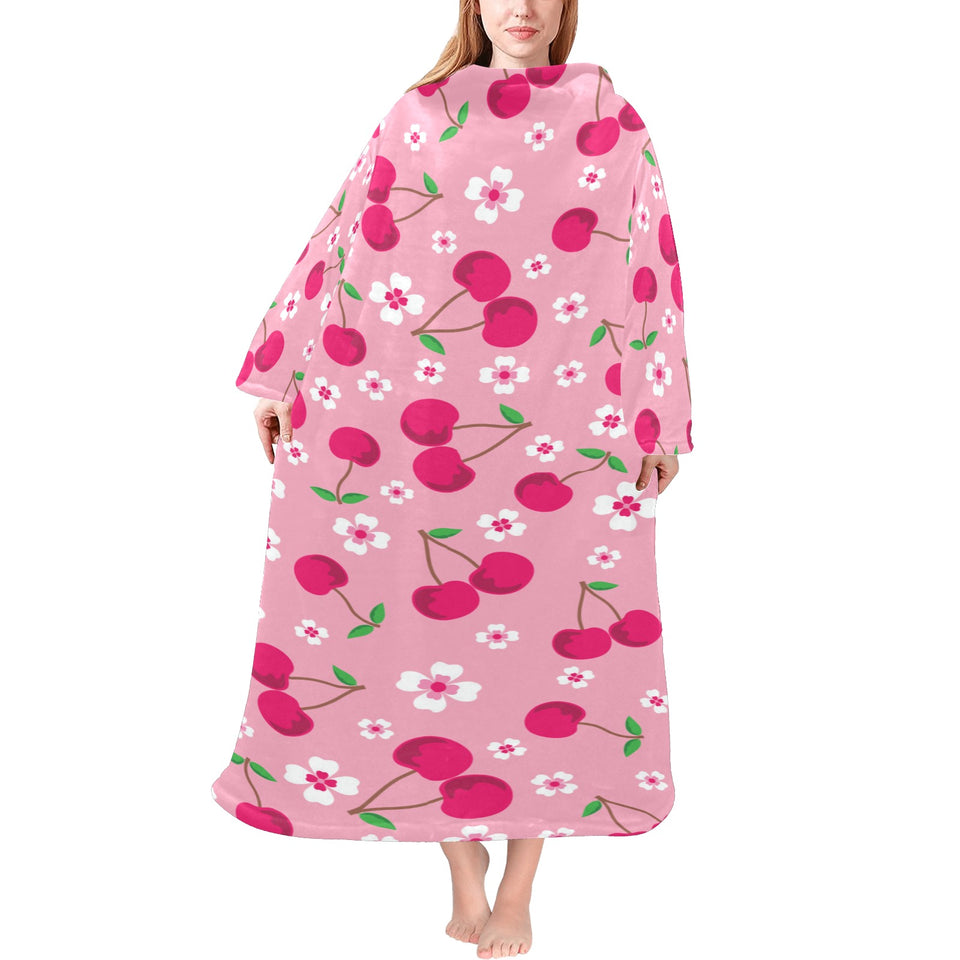 cherry flower pattern pink background Blanket Robe with Sleeves