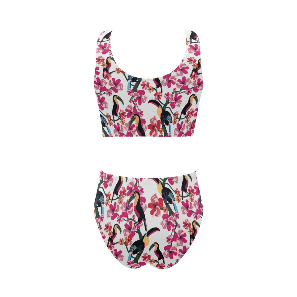 Toucan flower design pattern Chest Bowknot High Waisted Bikini Swimsuit