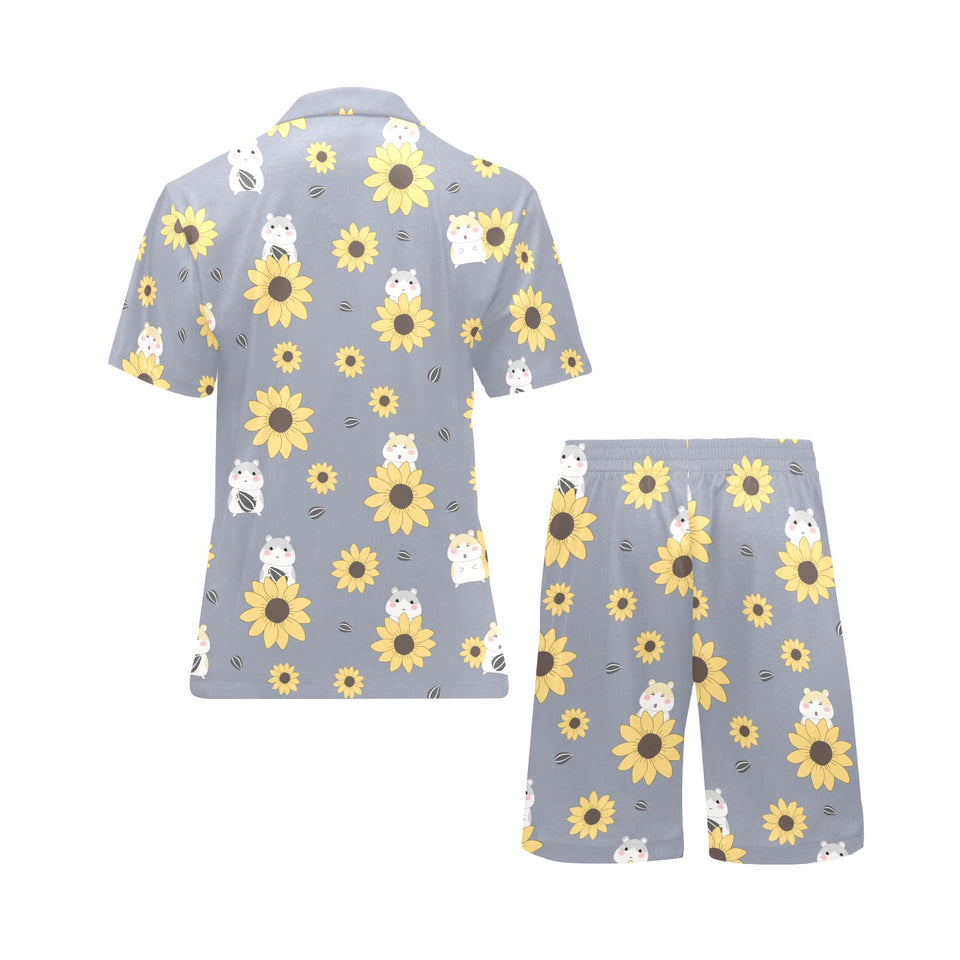 Cute hamster sunflower pattern background Men's V-Neck Short Pajama Set