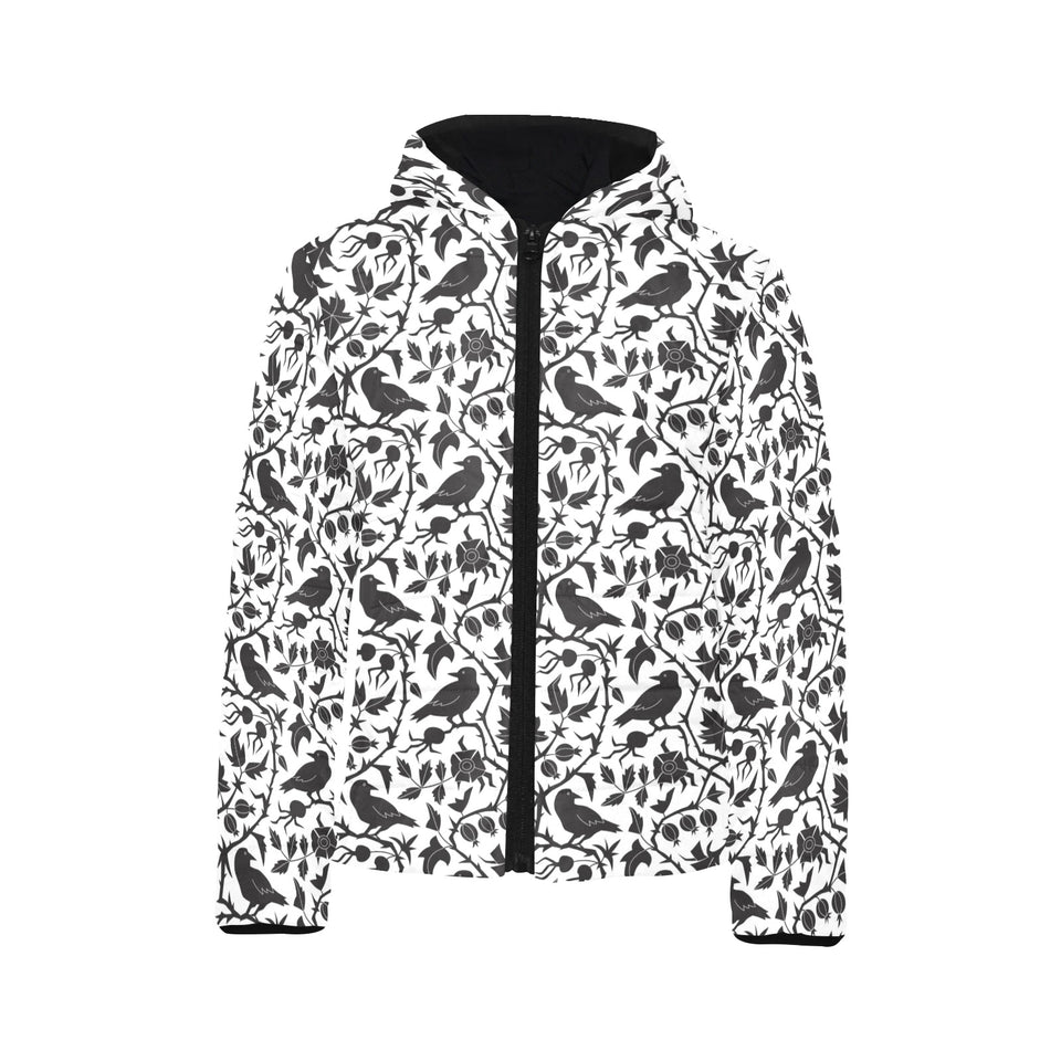 Crow dark floral pattern Kids' Boys' Girls' Padded Hooded Jacket