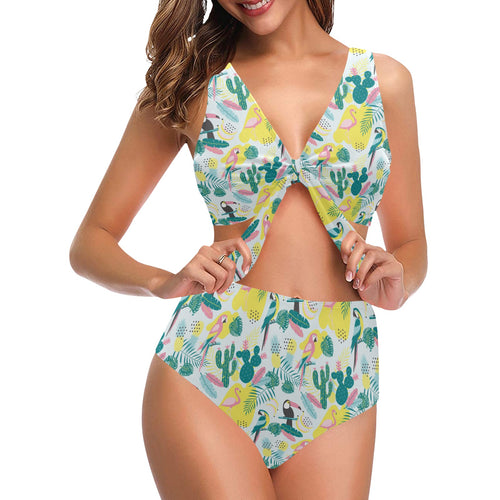 Cute parrot toucan flamingo cactus exotic leaves p Chest Bowknot High Waisted Bikini Swimsuit