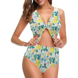 Cute parrot toucan flamingo cactus exotic leaves p Chest Bowknot High Waisted Bikini Swimsuit