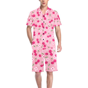 cherry flower pattern pink background Men's V-Neck Short Pajama Set