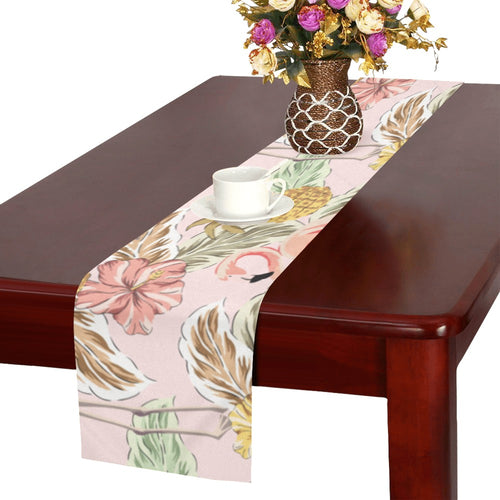 Pink flamingo birds pineapples hibiscus flower pat Table Runner
