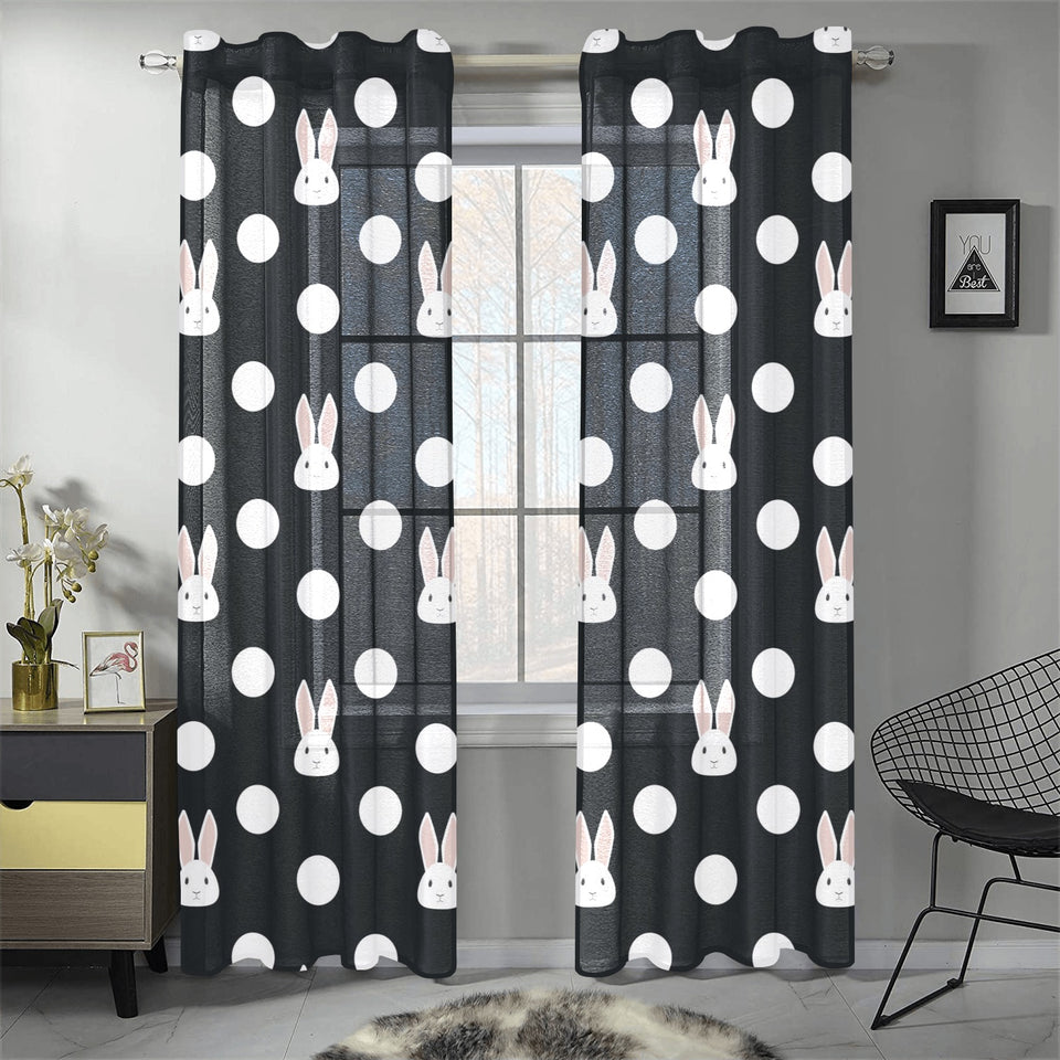 Cute white rabbit polka dots black background Gauze Curtain