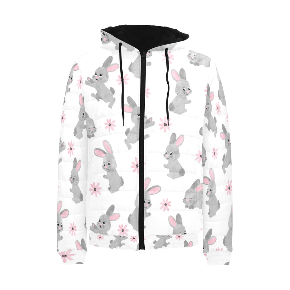 Watercolor cute rabbit pattern Men's Padded Hooded Jacket