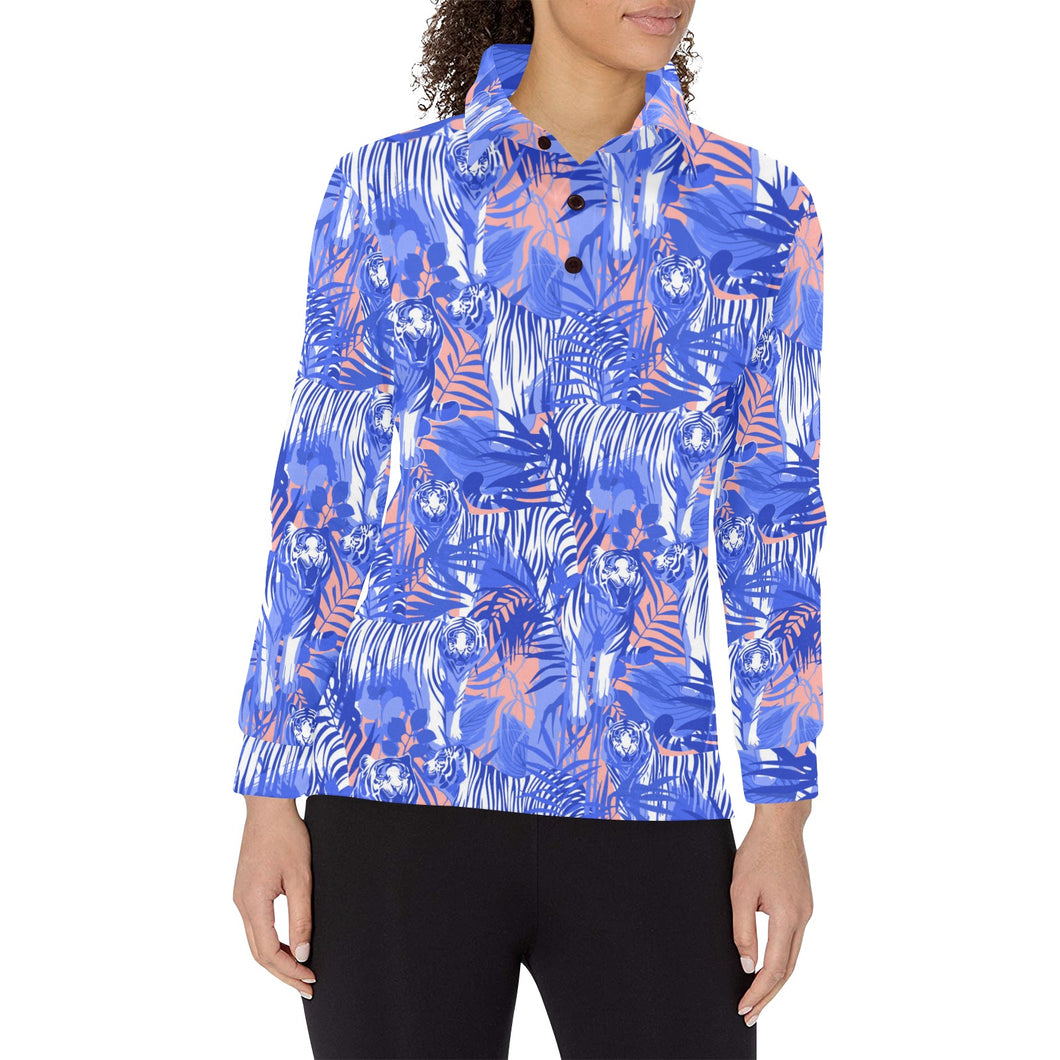white bengal tigers pattern Women's Long Sleeve Polo Shirt