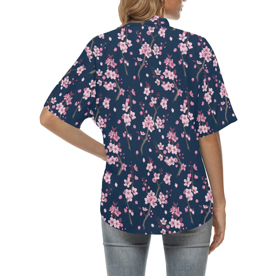 Pink sakura cherry blossom blue background Women's All Over Print Hawaiian Shirt