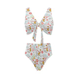Maneki neko cat fan sakura Chest Bowknot High Waisted Bikini Swimsuit