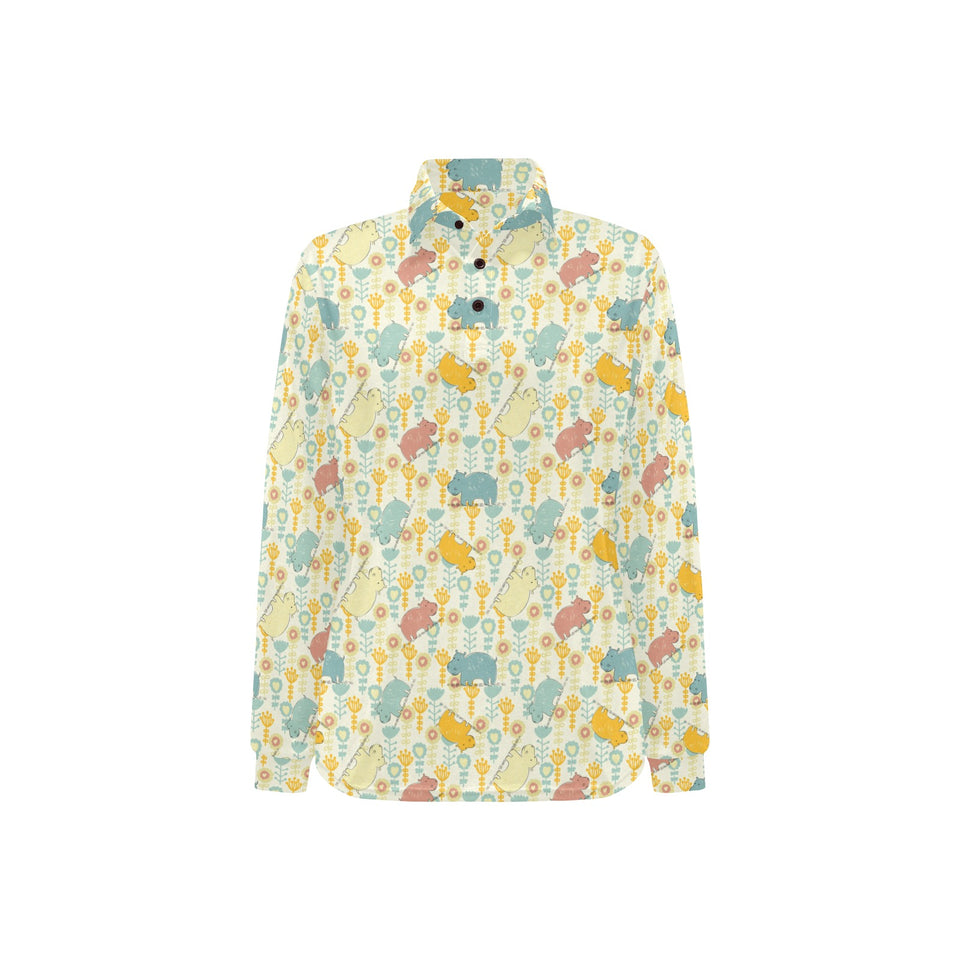 Hippopotamus Pattern Print Design 04 Women's Long Sleeve Polo Shirt