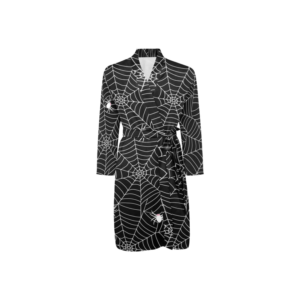 Spider web design pattern Black background white c Men's Long Sleeve Belted Night Robe