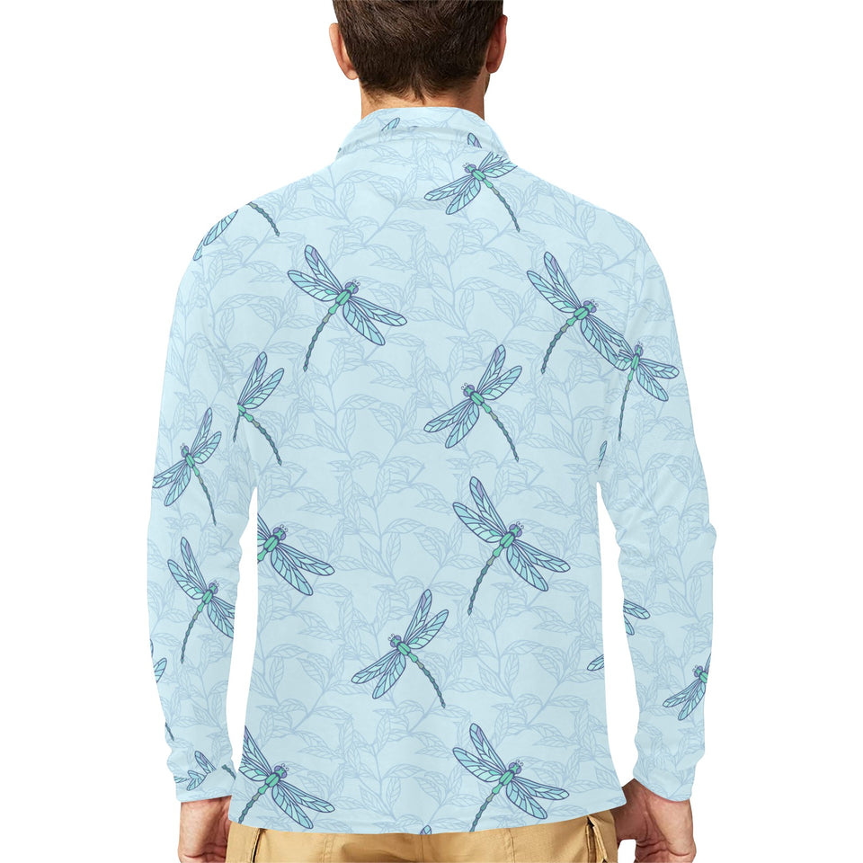 Dragonfly pattern blue background Men's Long Sleeve Polo Shirt